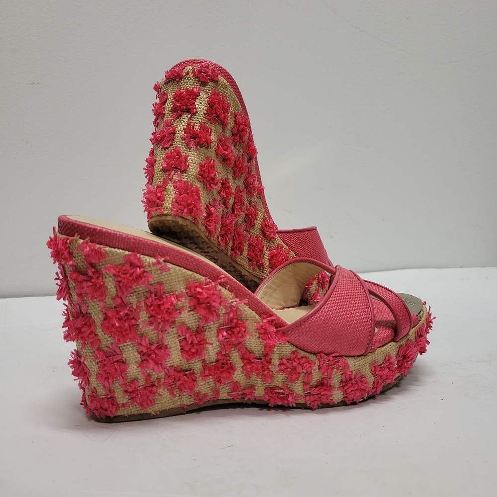 Jimmy Choo Coral Pink Floral Raffia Wedge Sandals